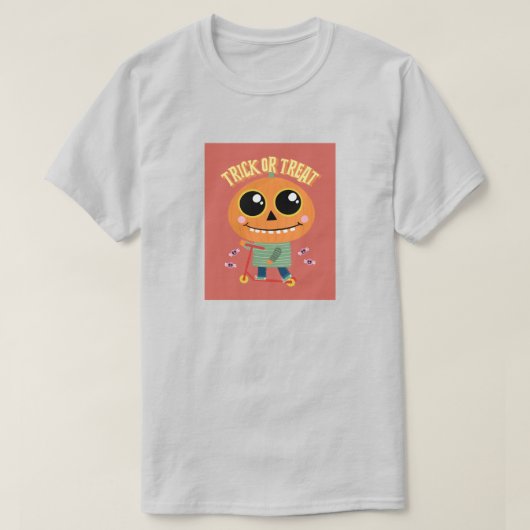 スクーターでカボチャの子供をトリックまたは治療する Tシャツ (デザイン正面)
