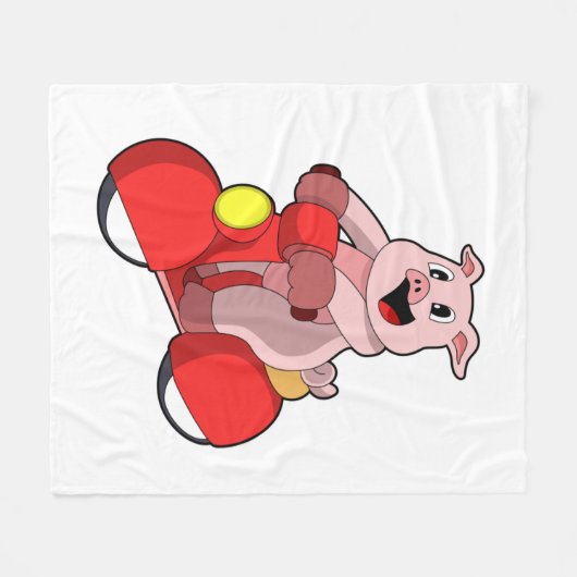 スクーターとのバイクもしくは自転車に乗る人としての豚 フリースブランケット (正面(横))