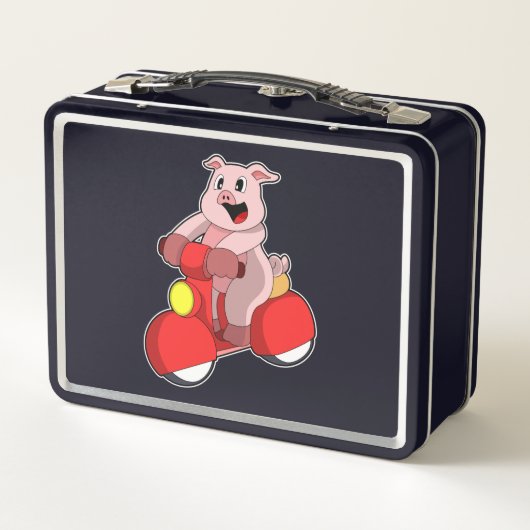 スクーターとのバイクもしくは自転車に乗る人としての豚 メタルランチボックス (裏面)