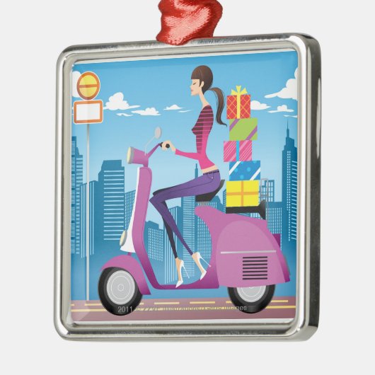 スクーターのギフトを持つ女性の側面図 メタルオーナメント (左)