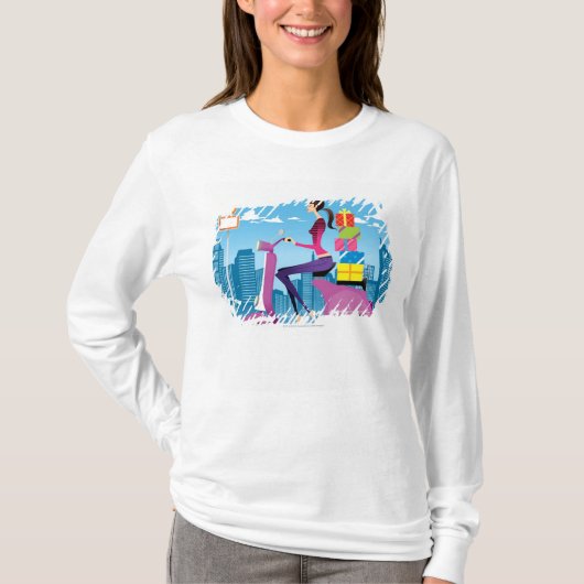 スクーターのギフトを持つ女性の側面図 Tシャツ (正面)