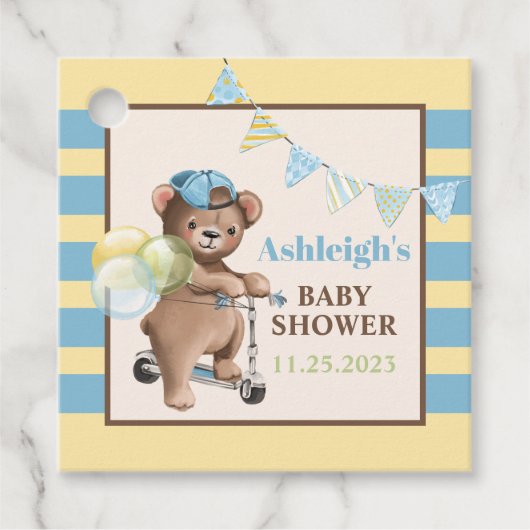 スクーターのテディベアストライプのベイビーシャワー フェイバータグ (正面)