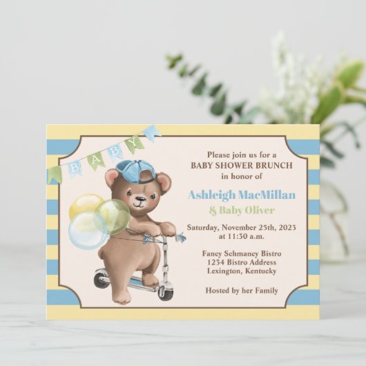 スクーターのテディベアストライプのベイビーシャワー 招待状 (スタンド正面)