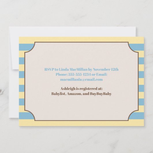 スクーターのテディベアストライプのベイビーシャワー 招待状 (裏面)