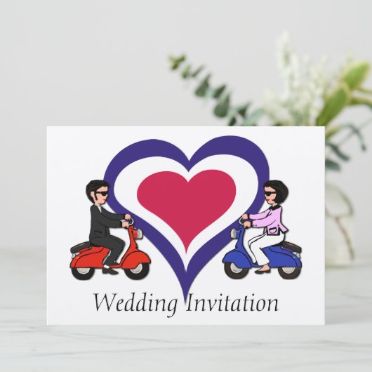 スクーターの男の子および女の子のモダンなハートの招待状 招待状 (スタンド正面)