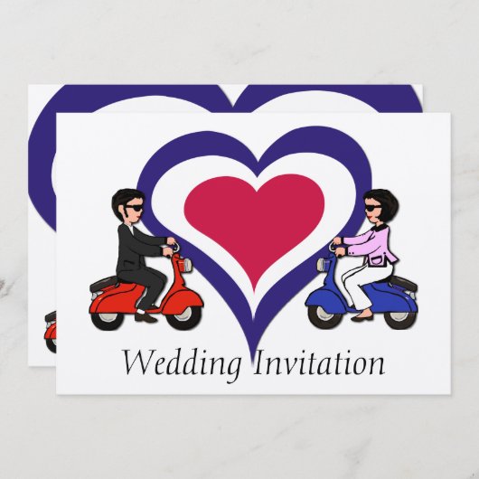 スクーターの男の子および女の子のモダンなハートの招待状 招待状 (正面/裏面)
