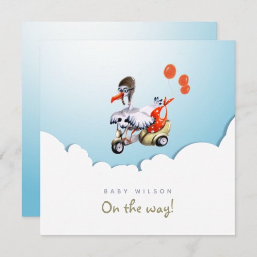 スクーター妊娠におもしろい男女兼用コウノトリ 案内状 (正面/裏面)