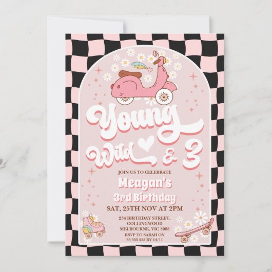 スクーター・ピンク・ヤング・ワイルドと3歳の誕生日 招待状 (正面)