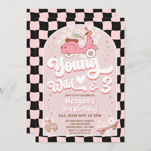 スクーター・ピンク・ヤング・ワイルドと3歳の誕生日 招待状 (正面/裏面)