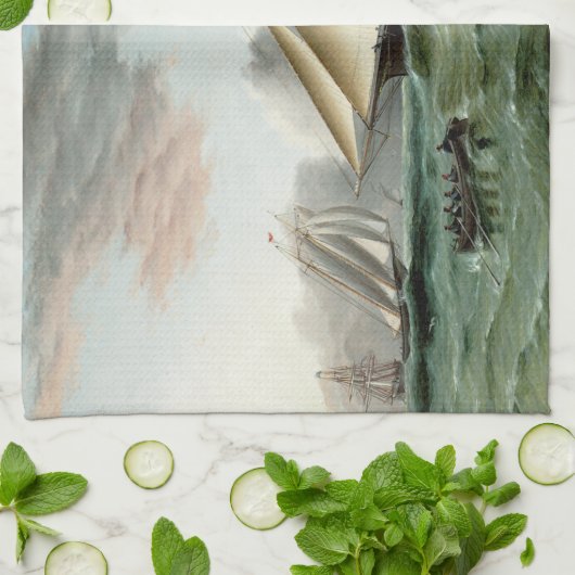 スクーナーモホークオフサンディフックライトハウス キッチンタオル (折り畳み)