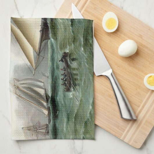 スクーナーモホークオフサンディフックライトハウス キッチンタオル (四つ折り)