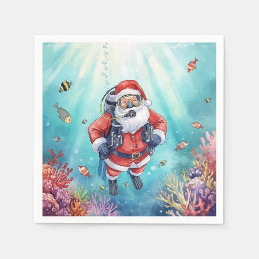 スクーバサンタの水中クリスマス スタンダードカクテルナプキン (正面)