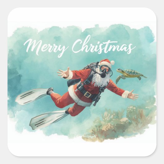 スクーバサンタの水中メリークリスマス スクエアシール (正面)