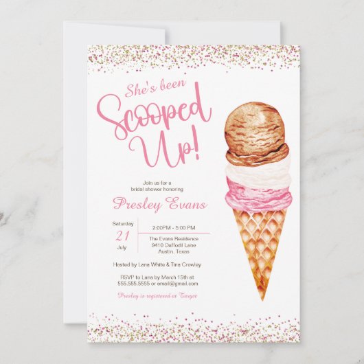 スクープしたアイスクリームピンク&ホワイトブライダルシャワー 招待状 (正面)