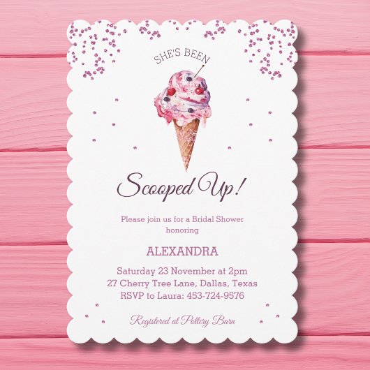 スクープしたピンクのグリッターアイスクリームブライダルシャワー 招待状