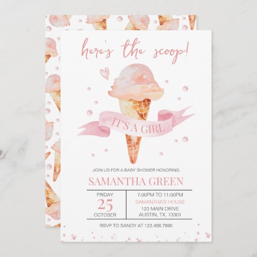 スクープだ女の子の赤ちゃんシャワーだ 招待状 (正面/裏面)