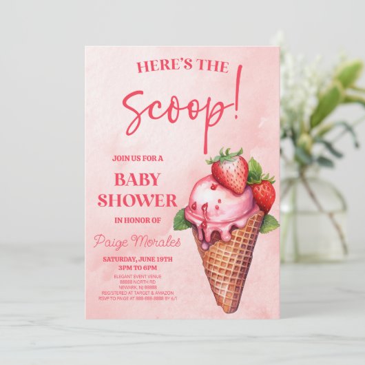 スクープだ!ストロベリーアイスクリームベビーシャワー 招待状 (スタンド正面)