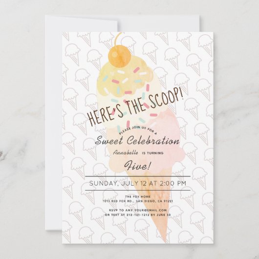 スクープのアイスクリームガールピンク誕生日 招待状 (正面)