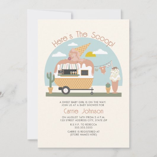 スクープのアイスクリームキャンパーライトピンクの赤ちゃんシャワー 招待状 (正面)