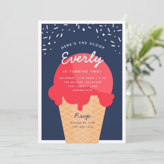 スクープのアイスクリームコーン子供の誕生日パーティー 招待状 (スタンド正面)