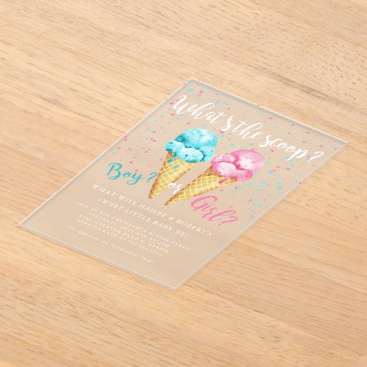 スクープのアイスクリームジェンダーのパーティー アクリル招待状 (レイダウン)