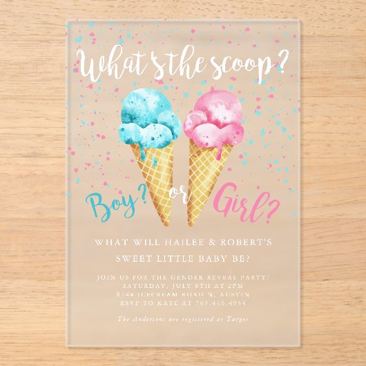 スクープのアイスクリームジェンダーのパーティー アクリル招待状 (正面)