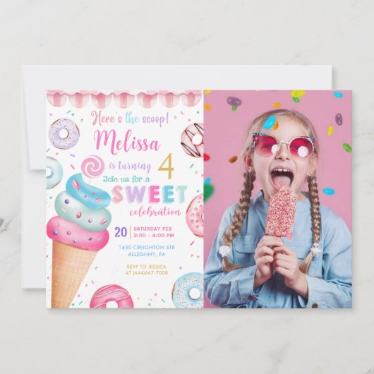 スクープのアイスクリームドーナツの誕生日写真 招待状 (正面)