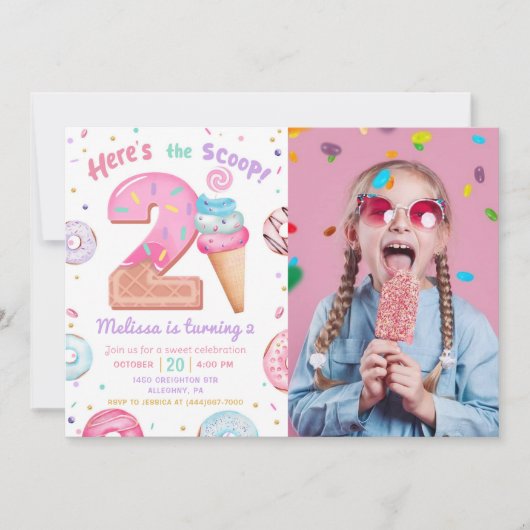 スクープのアイスクリームドーナツの誕生日写真 招待状 (正面)