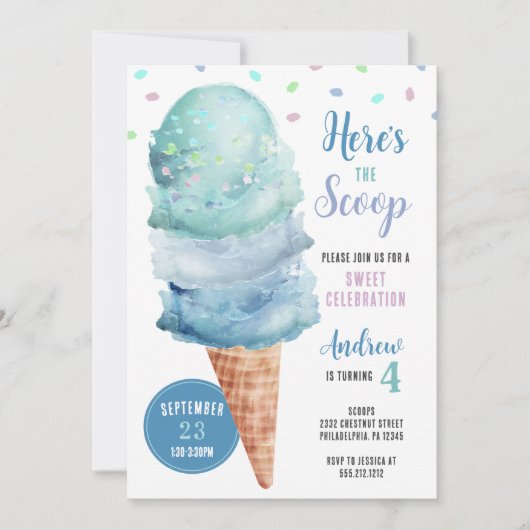 スクープのアイスクリームバースデーパーティー招待状 招待状 (正面)