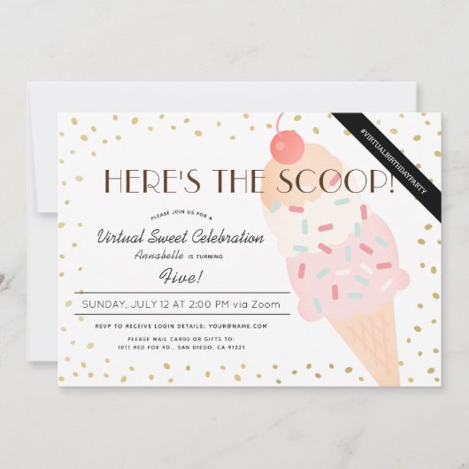 スクープのアイスクリームピンクのバーチャル誕生日 招待状 (正面)