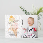 スクープのアイスクリームピンクの写真が1歳の誕生日 招待状 (スタンド正面)