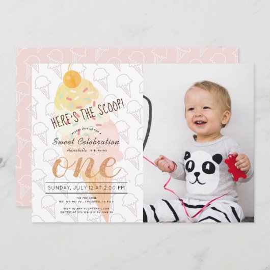 スクープのアイスクリームピンクの写真が1歳の誕生日 招待状 (正面/裏面)
