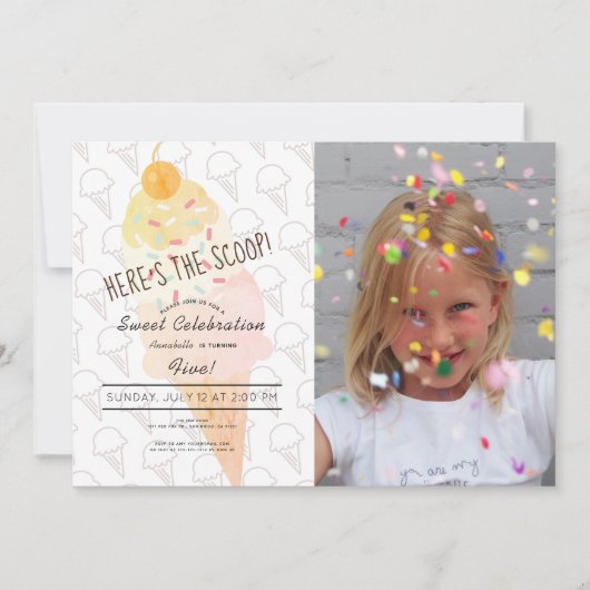 スクープのアイスクリームピンクの写真誕生日 招待状 (正面)