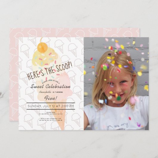 スクープのアイスクリームピンクの写真誕生日 招待状 (正面/裏面)