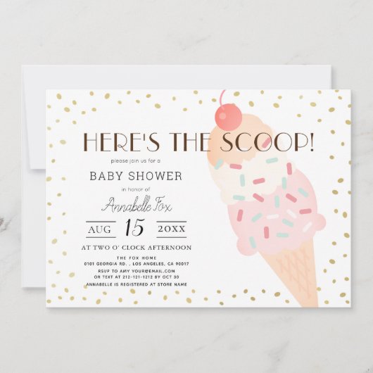 スクープのアイスクリームピンクの女の子ベビーシャワー 招待状 (正面)
