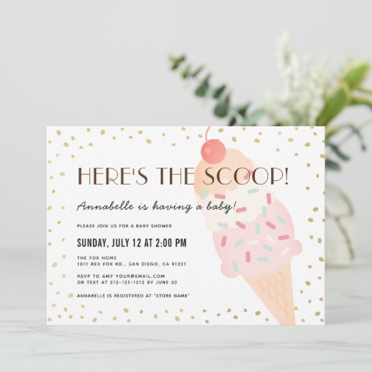 スクープのアイスクリームピンクの女の子ベビーシャワー 招待状 (スタンド正面)