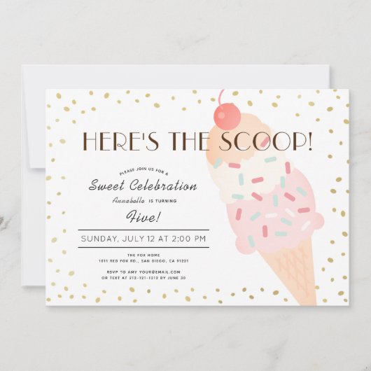 スクープのアイスクリームピンク金ゴールドガール誕生日 招待状 (正面)