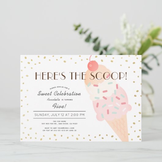 スクープのアイスクリームピンク金ゴールドガール誕生日 招待状 (スタンド正面)