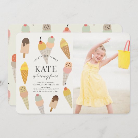 スクープのアイスクリーム子供の誕生日写真 招待状 (正面/裏面)