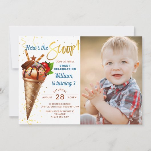 スクープのアイスクリーム誕生日パーティーの写真 招待状 (正面)