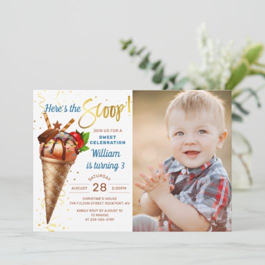 スクープのアイスクリーム誕生日パーティーの写真 招待状 (スタンド正面)