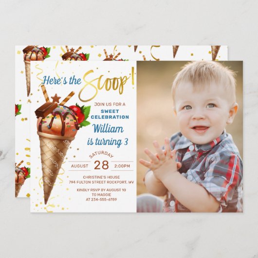 スクープのアイスクリーム誕生日パーティーの写真 招待状 (正面/裏面)