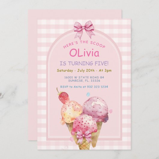 スクープのアイスクリーム誕生日パーティー 招待状 (正面/裏面)