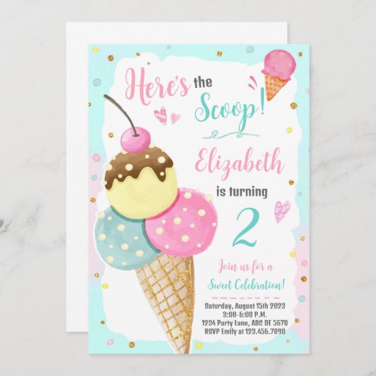 スクープのアイスクリーム誕生日 招待状 (正面/裏面)