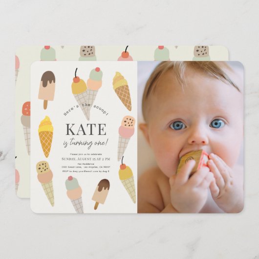 スクープのアイスクリーム1st誕生日の写真 招待状 (正面/裏面)
