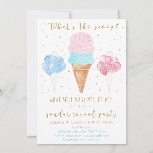 スクープのピンクブルーアイスクリームジェンダーの表示 招待状 (正面)