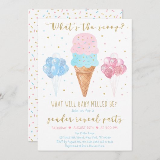 スクープのピンクブルーアイスクリームジェンダーの表示 招待状 (正面/裏面)