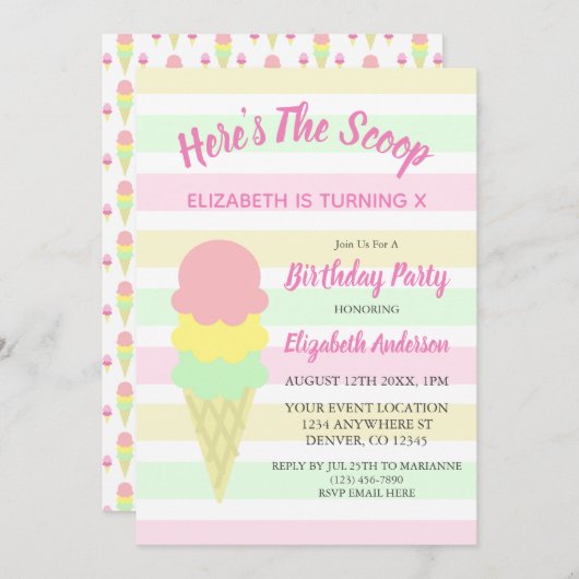 スクープアイスクリームサマー誕生日 招待状 (正面/裏面)