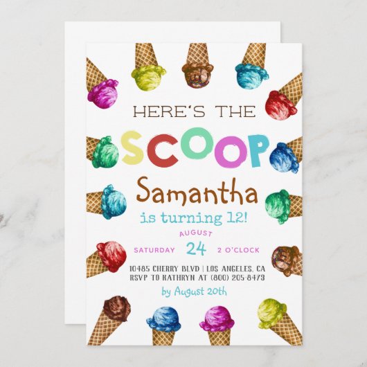 スクープアイスクリーム誕生日招待状 招待状 (正面/裏面)
