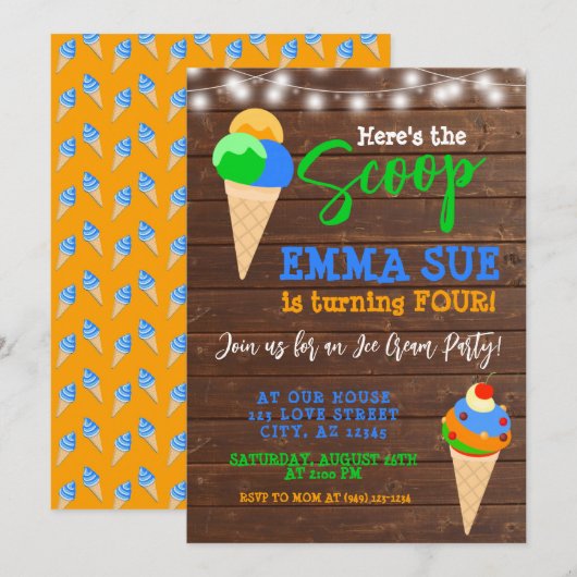 【スクープボーイのアイスクリームパーティー誕生日】 招待状 (正面/裏面)